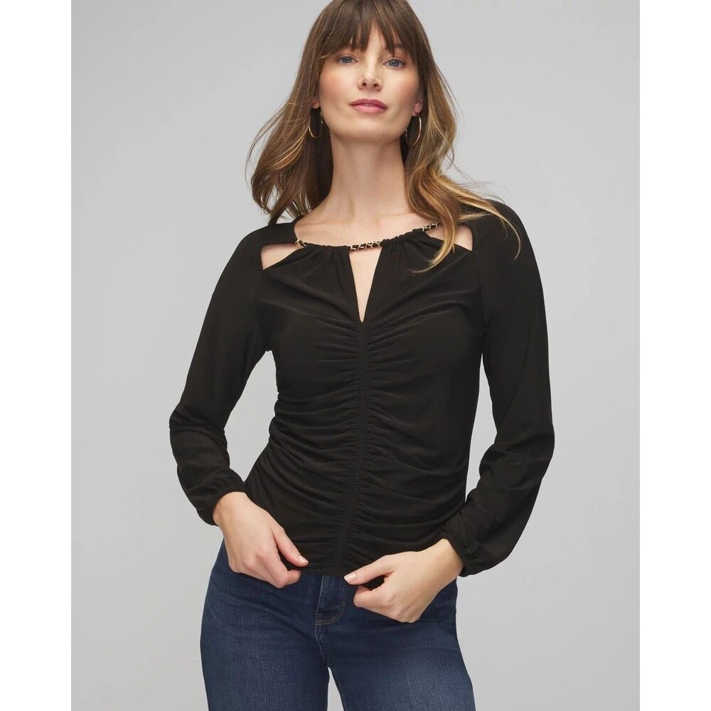 WHBM Ruched Long Sleeve Black Top Chain Size S Whimsigoth Fairy Grunge Office